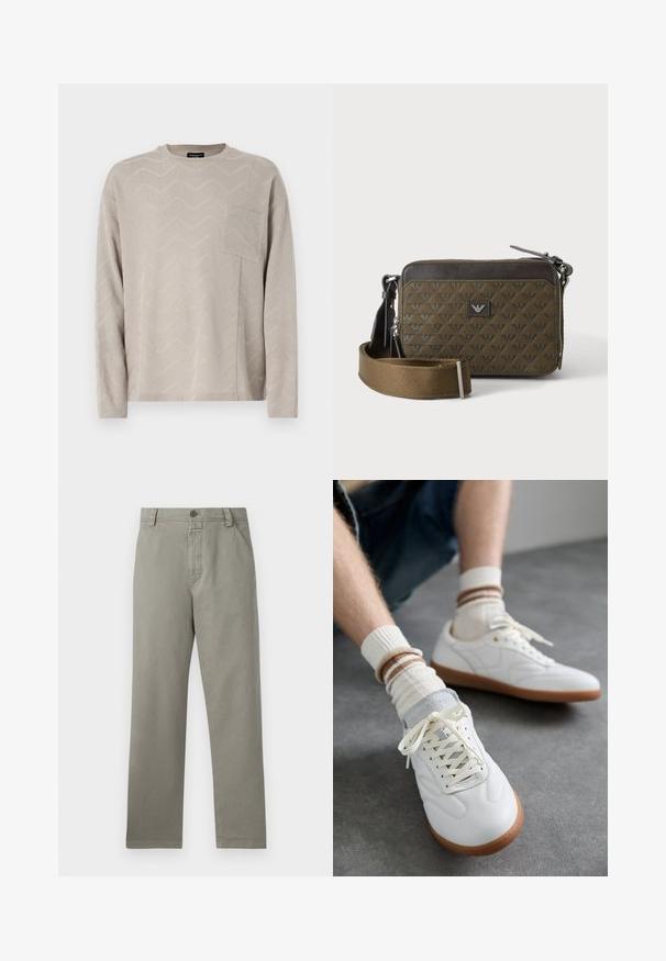 Helle beige Langarm-Strickjacke mit einem texturierten Zickzackmuster, ausgestattet mit einer quadratischen Brusttasche und einem runden Ausschnitt.; Hellegraue Baumwollhose mit geradem Bein, Gürtelschlaufen und einer einzelnen Knopfverschluss am Bund.; Weiße Ledersneaker mit glatter Textur, grauen Wildlederelementen, beigen Gummisohlen und flachen Schnürsenkeln. Kombiniert mit cremefarbenen und braun gestreiften Socken.; Kleine rechteckige braune Umhängetasche mit gemusterter Textur, Frontlogo-Patch, Reißverschluss und breitem verstellbarem Riemen.
