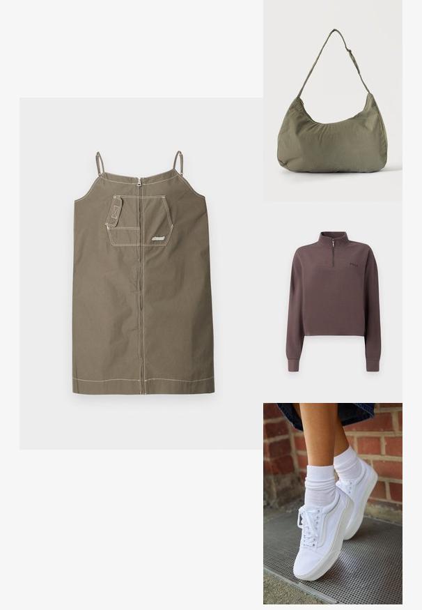 Geknipte, lang mouw pullover in donker mauve geribbeld materiaal met een kwart rits en een klein merkenlogo op de borst. Zachte textuur.; Olijfgroene mouwloze jurk van katoen met een ritsluiting. Heeft een enkele borstzak, contrasterende stiksels en verstelbare bandjes.; Witte canvas sneakers met rubberen zolen, voorzien van zes vetertjes, een ronde neus en lichte stikdetails, gecombineerd met witte enkelsokken.; Schoudertas van zacht olijfgroen stof met ritssluiting en verstelbare band op een effen lichte achtergrond.