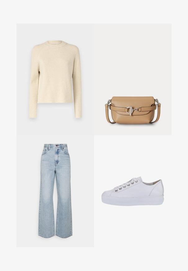 Pull en tricot côtelé couleur crème avec un col rond, des manches longues et une coupe droite. Texture douce avec des variations tonales subtiles.; Jean large en denim bleu clair avec taille haute, design classique à cinq poches et couture contrastante. Détail de ourlet brut en bas.; Baskets blanches en cuir au toucher lisse, à bout arrondi et semelle blanche surélevée. Présentent des œillets en métal argenté et des lacets plats.; Petit sac en cuir beige à bandoulière avec boucle en argent et sangle réglable amovible sur fond blanc.