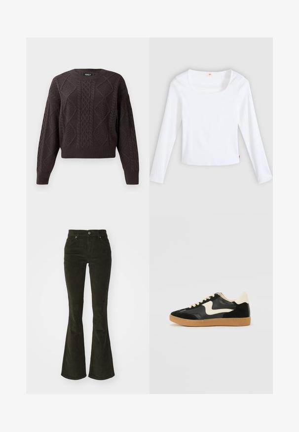 Mørkebrun kabelstrikket sweater med diamant- og fletmønstre, rund hals, samt ribbede manchetter og kant.; Hvid langærmet t-shirt lavet af ribstrikket stof, med firkantet halsudskæring og tætsiddende design, med en lille logotag i siden.; Bredde corduroy bukser i mørkegrøn. Har for- lommer, knaplukning og et blødt, struktureret stof med ribbet mønster.; Sorte ruskinds- og lædersneakers med en cremefarvet side-swoosh og lys cremefarvet hæl. Har beige snørebånd og en gummirubber-sål.