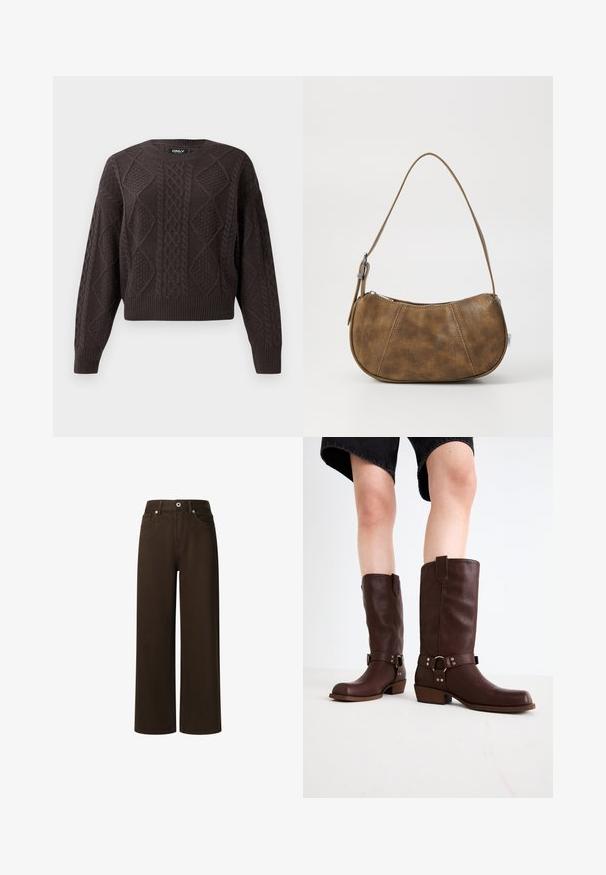 Mørkebrun kabelstrikket sweater med diamant- og fletmønstre, rund hals, samt ribbede manchetter og kant.; Pepe Jeans LEXA - Jeans Straight Leg - chocolate brown; Brune læder knæhøje støvler med rund tå, struktureret overflade, ankelrem og sølvhardware detaljer; stablet hæl.; Brun faux læder skuldertaske med en buet form, en enkelt strop, kontrasterende syninger og en lynlåslukning langs den øverste kant.