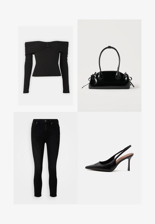 Sort off-shoulder top med en sløjfeaccent ved udskæringen, lange ærmer og en tætsiddende design i glat, strækbart stof.; ONLY Petite ONLPOWER MID PUSH UP - Jeans Skinny Fit - washed black; Sort læderspids tå højhælede slingback-sko med tynd stilethæl og åben bagrem på hvid baggrund.; Lille sort blank håndtaske med to lange håndtag og snøre-detaljer i siden på en ensfarvet lys baggrund.