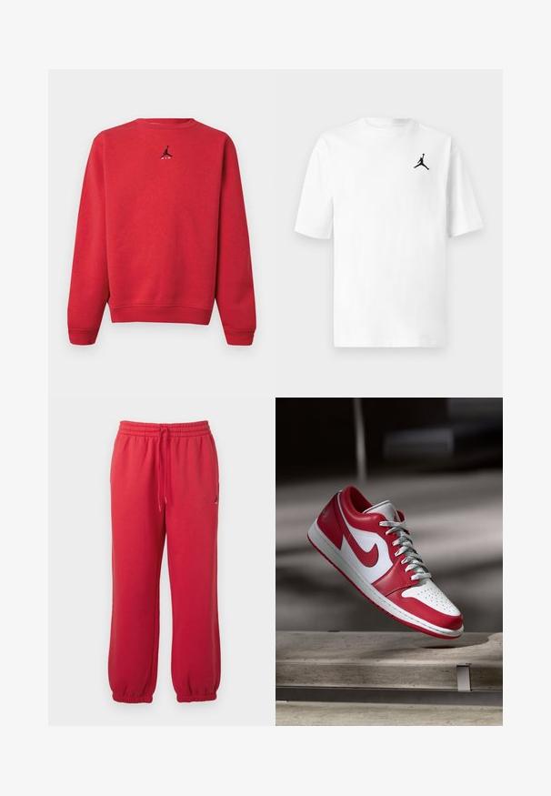 Rød sweatshirt med rund hals med lille sort Jumpman-logo og hvid "AIR"-tekst centreret på brystet, ribkanter ved ærmer og kant.; Hvid bomuld T-shirt med rund hals og korte ærmer. Den har et lille sort Jordan-logo på venstre brystområde.; Røde joggingbukser med elastisk talje, snøre og elastiske manchetter, med et lille sort Jumpman-logo på højre lår.; Rød og hvid Nike sneakers svævende over en stenbænk i en blødt belyst indendørs setting.