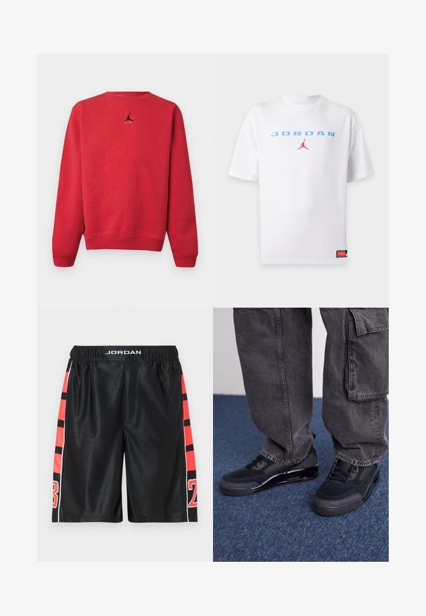 Sweat-shirt rouge à col rond avec petit logo Jumpman noir et texte blanc "AIR" centré sur la poitrine, poignets et ourlet côtelés.; T-shirt blanc à manches courtes avec un texte "JORDAN" bleu clair et un petit logo Jumpman rouge centré sur la poitrine ainsi qu'une petite étiquette près de l'ourlet inférieur.; Shorts de sport noirs à texture lisse, avec des rayures rouges et des numéros sur les côtés. Taille élastique avec le logo "JORDAN" en haut.; Des chaussures de sport noires avec une surface texturée, des accents lisses et une semelle épaisse, accompagnées de pantalons cargo larges et foncés.