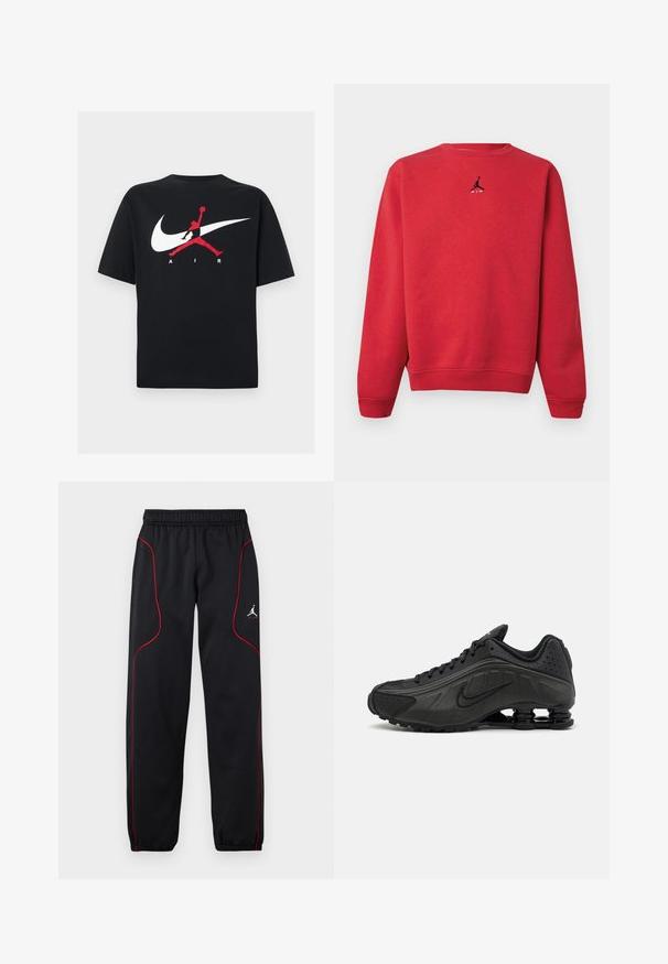 Sweat-shirt rouge à col rond avec petit logo Jumpman noir et texte blanc "AIR" centré sur la poitrine, poignets et ourlet côtelés.; T-shirt en coton noir à col rond, avec un grand logo Nike swoosh blanc et un logo Jumpman rouge accompagné du texte "AIR" en blanc.; Pantalon de sport noir avec passepoil rouge, taille et poignets élastiques, et petit logo blanc Jumpman sur la cuisse droite.; Baskets de course noires avec une tige en synthétique lisse, des accents perforés, des panneaux latéraux texturés et une semelle distincte et rebondissante.