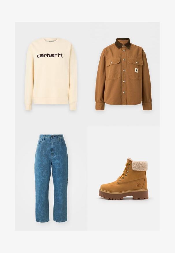 Beige Carhartt crewneck sweatshirtdragt med lange ærmer og sort "carhartt" logo-tekst centreret på brystet.; Brun knappet jakke med mørkebrun fløjlskrave, to forlommer med klap og sølvfarvede trykknapper samt et lille rektangulært logopatch på brystet.; Lyseblå denim jeans med en subtil mønstret struktur, høj talje og lige ben. Har en frontlukning med knap og lynlås.; Tan ruskindsstøvle med en kunstig pelskrave, gyldne øjer og en kontrasterende gummisål. Har et logo på siden og struktureret sål.