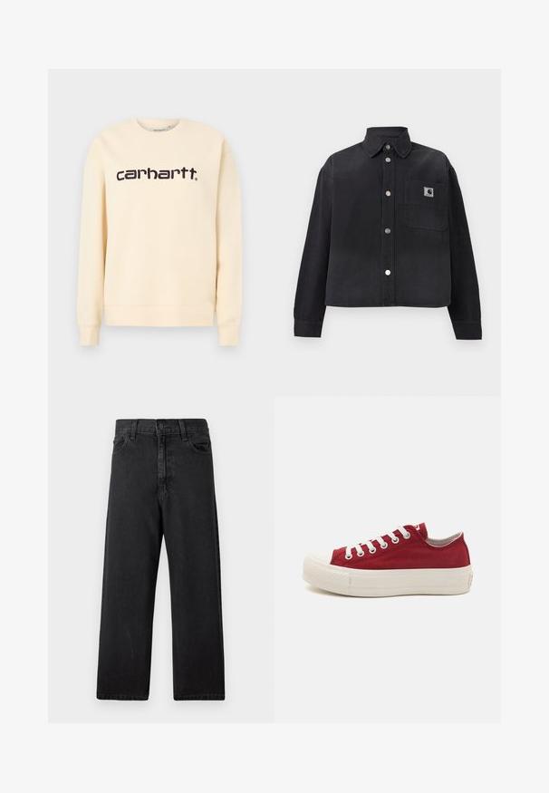 Béžová mikina Carhartt s okrúhlym výstrihom, dlhými rukávmi a čiernym nápisom „carhartt“ umiestneným v strede na hrudi.; Čierna bunda s dlhými rukávmi na gombíky, s golierom a predným náprsným vreckom s malou štvorcovou nášivkou s logom na pravej strane.; Čierne rifle z denimu s vysokým pásom, rovnými nohavicami, pätimi vreckami a klasickým zapínaním na gombíky vpredu. Mäkká, textúrovaná tkanina.; Červené plátené tenisky s bielou gumovou podrážkou, okrúhlou špičkou a bielymi šnúrkami. Obsahujú šedé podšívku a jemné textúrované akcenty na podrážke.