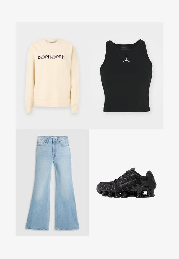 Beige Carhartt crewneck sweatshirtdragt med lange ærmer og sort "carhartt" logo-tekst centreret på brystet.; Sort tætsiddende tanktop lavet af bomuld, med rund udskæring og et hvidt Jordan-logo syet på fronten i midten. Glat tekstur.; Lysblå flagrende jeans med høj talje, lavet af denim. Har et klassisk fem-lomme design og en rå kant ved ærmerne.; Sort atletisk sko med mesh-overdel og glatte overlays. Har buet spiralbøsningsdæmpning og strukturerede linjer på siden. Nike-logoet er synligt.