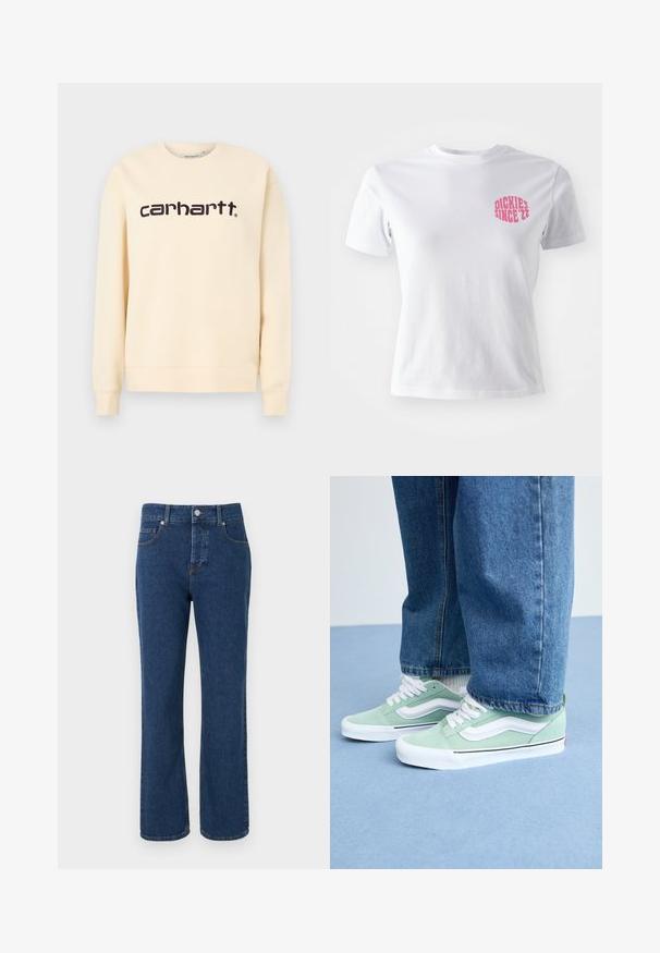 Béžová mikina Carhartt s okrúhlym výstrihom, dlhými rukávmi a čiernym nápisom „carhartt“ umiestneným v strede na hrudi.; Biely bavlnený tričko s krátkymi rukávmi, vystupujúce s ružovou grafikou na ľavej hrudi, ktorá hovorí "DICKIES SINCE '22." Klasický dizajn s okrúhlym výstrihom.; Modré džínsové nohavice s rovnými nohavicami, piatimi vreckami, slučkami na opasok, zapínaním na gombík a viditeľnými švami.; Osoba v svetlozelených a bielych teniskách s bielymi šnúrkami a modrých džínsoch stojí na svetlomodrej podlahe.