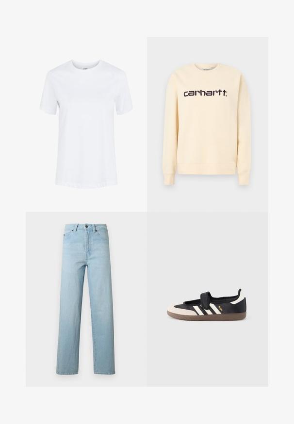 Sudadera beige Carhartt con cuello redondo, mangas largas y texto del logo negro "carhartt" centrado en el pecho.; Camiseta de algodón blanca lisa de manga corta con cuello redondo y dobladillos de las mangas doblados, mostrada sobre un fondo blanco liso.; Vaqueros de mezclilla azul claro de pierna recta con botón frontal, cierre de cremallera, trabillas para cinturón y diseño de cinco bolsillos sobre fondo blanco.; Zapatilla negra y beige con una correa de velcro, tres rayas blancas en el lateral y una suela de goma marrón texturizada. Logotipo de la marca visible.
