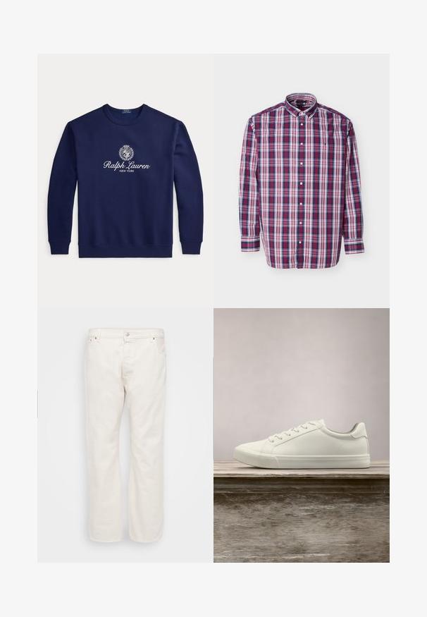 Mørkeblå crewneck sweatshirt med hvid "Ralph Lauren New York" tekst og våbenskjold logo centreret på brystet, lange ærmer, ribbet manchetter og kant.; Langærmet skjorte med knapper med et blåt, rødt og hvidt ternet mønster og krave med knapper, lagt fladt på en hvid baggrund.; Hvide denim jeans med lige ben, der har en knaplukning, bæltestropper og to sidelommer. Glat tekstur, minimal detaljering.; Hvide snørresneakers svævende over en træbænk med grønne planter i baggrunden, der fremhæver skodesign og tekstur.