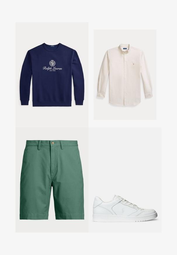 Tmavomodrá mikina s okrúhlym výstrihom, bielym textom "Ralph Lauren New York" a erbovým logom v strede na hrudi, dlhé rukávy, rebrované manžety a lem.; Košeľa s dlhým rukávom zapínaná na gombíky, vyrobená z krémovej bavlnenej tkaniny. Má rozšírený golier a malý vyšitý logo na hrudi. Klasický strih.; Zelené bavlnené šortky s gombíkovým zapínaním a pútkami na opasok. Jednoduchý dizajn so štandardným strihom a bez viditeľných vzorov či akcentov.; Biele kožené tenisky s hladkým povrchom, obsahujúce perforovanú špičku, šnúrkové uzatvorenie a vyšívané logo na boku. Biela gumová podrážka.