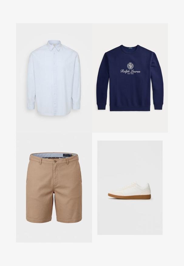 Tmavomodrá mikina s okrúhlym výstrihom, bielym textom "Ralph Lauren New York" a erbovým logom v strede na hrudi, dlhé rukávy, rebrované manžety a lem.; Svetlomodrá košeľa s dlhým rukávom a gombíkmi vyrobená z mäkkej tkaniny, s klasickým golierom a rovnomerným strihom s gombíkmi vpredu.; Pánske béžové chino šortky s pútkami na opasok, predným zapínaním na gombík, bočnými vreckami a vnútorným pásom s logom Polo Ralph Lauren.; Biele tenisky so semišovým špičkovým rámom, hladkým syntetickým zvrškom a hnedou gumovou podrážkou. Na bokoch majú perforácie pre lepšiu priedušnosť.