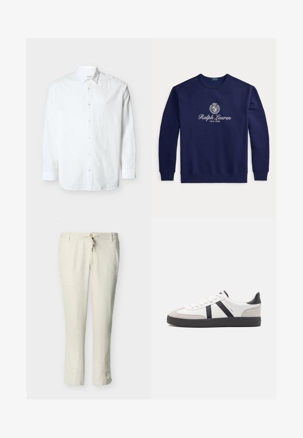 Σκούρο μπλε φούτερ με λευκό κείμενο "Ralph Lauren New York" και λογότυπο με οικόσημο στο κέντρο του στήθους, μακριά μανίκια, ριμπ μανσέτες και τελείωμα.; Λευκό πουκάμισο με μακριά μανίκια και κουμπιά, με γιακά, τοποθετημένο επίπεδα σε φωτεινό φόντο, που δείχνει την μπροστινή όψη και τις λεπτομέρειες των κουμπιών.; Μπεζ παντελόνι από λινό με κορδόνι σύσφιξης, κλείσιμο με κουμπί, ίσια σκέλη και θηλιές για ζώνη, σε απλό φόντο.; Λευκό αθλητικό παπούτσι με μαύρες και γκρί λεπτομέρειες, featuring ένα υφή γκρί καλύμμα δαχτύλου, μαύρη καουτσούκ σόλα και επίπεδες λευκές κορδόνες. Καθαρός σχεδιασμός, μινιμαλιστικό στυλ.