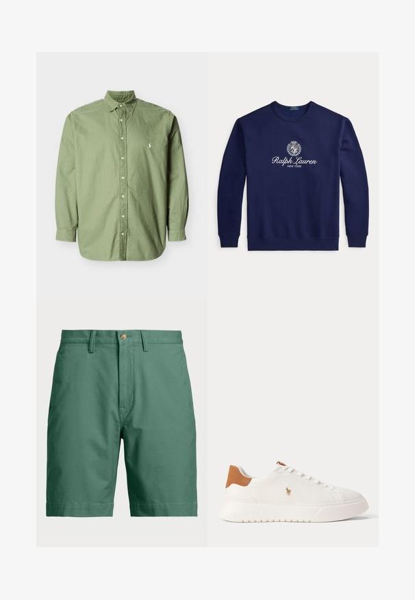 Σκούρο μπλε φούτερ με λευκό κείμενο "Ralph Lauren New York" και λογότυπο με οικόσημο στο κέντρο του στήθους, μακριά μανίκια, ριμπ μανσέτες και τελείωμα.; Πουκάμισο μακρυμάνικο σε ελαιοπράσινο χρώμα με κουμπιά, γιακά με κουμπιά και μικρό λευκό κεντητό λογότυπο στο αριστερό στήθος.; Πράσινα βαμβακερά σόρτς με κούμπωμα και βρόχους ζώνης. Απλός σχεδιασμός με ίσια γραμμή και χωρίς ορατά σχέδια ή αξεσουάρ.; Λευκό sneaker χαμηλού προφίλ με ταμπά ταμπάκι στη φτέρνα, λευκά κορδόνια και μικρό κεντητό λογότυπο παίκτη πόλο στη πλευρά πάνω από χονδρό πάτο.