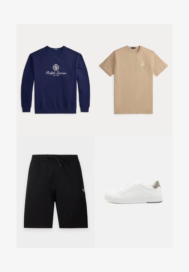 Σκούρο μπλε φούτερ με λευκό κείμενο "Ralph Lauren New York" και λογότυπο με οικόσημο στο κέντρο του στήθους, μακριά μανίκια, ριμπ μανσέτες και τελείωμα.; Μπεζ κοντομάνικη μπλούζα Polo Ralph Lauren με στρογγυλή λαιμόκοψη και μικρό λευκό λογότυπο στο αριστερό μέρος του στήθους.; Μαύρα αθλητικά σορτς με κορδόνι στη μέση και μικρό λευκό λογότυπο στο αριστερό μπούτι, εμφανιζόμενα επίπεδα σε λευκό φόντο.; Λευκά αθλητικά παπούτσια από λεία δέρμα, με στρογγυλή μύτη, μινιμαλιστικό σχέδιο, γκρι λεπτομέρεια στη φτέρνα και υφασμάτινη αντιολισθητική σόλα.
