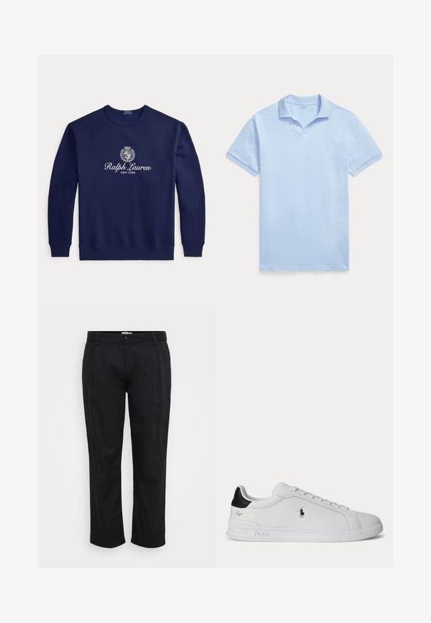 Sweat-shirt col rond bleu marine avec texte blanc "Ralph Lauren New York" et logo blason centré sur la poitrine, manches longues, poignets et ourlet côtelés.; Polo bleu clair à manches courtes avec col et petit logo brodé sur la poitrine gauche sur fond blanc.; Jack & Jones Wide-leg Plus Size Wide Leg Fit - Pantalon classique - black; Baskets basses blanches avec languette de talon noire, lacets et logo Polo Ralph Lauren sur le côté, présentant des détails en relief sur la semelle.