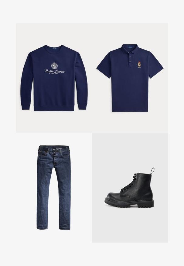 Mørkeblå crewneck sweatshirt med hvid "Ralph Lauren New York" tekst og våbenskjold logo centreret på brystet, lange ærmer, ribbet manchetter og kant.; Marineblå kortærmet polo-shirt med krave, tre knapper og små broderede bjørn iført rød hat og tørklæde på venstre bryst.; Mørkeblå denim jeans med slim fit, fem lommer og en standard taljehøjde. Har synlige syninger og metal hardware detaljer.; Sort tekstureret læderkampstøvle med tykkere sål, snørebånd fortil og en hækrog, vist fra siden på en hvid baggrund.