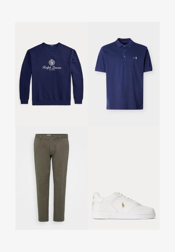 Σκούρο μπλε φούτερ με λευκό κείμενο "Ralph Lauren New York" και λογότυπο με οικόσημο στο κέντρο του στήθους, μακριά μανίκια, ριμπ μανσέτες και τελείωμα.; Κοντομάνικο πόλο μπλουζάκι σε ναυτικό μπλε χρώμα με τρία κουμπιά και μικρό λευκό κεντημένο λογότυπο στο αριστερό στήθος.; Ελαιώδους πράσινου παντελόνι φτιαγμένο από βαμβακερό ύφασμα με ίνα. Ισορροπημένος σχεδιασμός με ίσια πόδια, επίπεδο μπροστά, κουμπί κλεισίματος και θηλιά για ζώνη. Λείο υφασμα.; Λευκό δερμάτινο χαμηλό sneaker με λευκά κορδόνια και χρυσό λογότυπο Polo Ralph Lauren στο πλάι και "Polo" χαραγμένο στη σόλα.