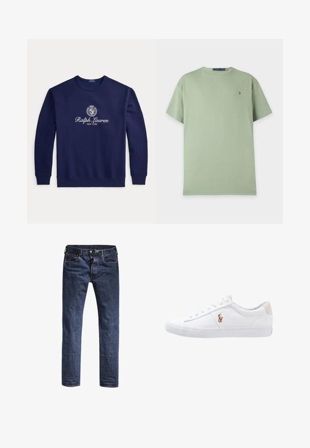 Tmavomodrá mikina s okrúhlym výstrihom, bielym textom "Ralph Lauren New York" a erbovým logom v strede na hrudi, dlhé rukávy, rebrované manžety a lem.; Svetlozelené tričko s krátkym rukávom a okrúhlym výstrihom s malým vyšívaným logom Polo Ralph Lauren na ľavej strane hrude.; Tmavomodré džínsy s úzkym strihom, piatimi vreckami a štandardným pásom. Obsahujú viditeľný steh a kovové akcenty.; Biele plátenné tenisky s nízkym strihom, ktoré majú béžový opasok na päte a malé vyšívané logo na boku. Gumová podrážka.