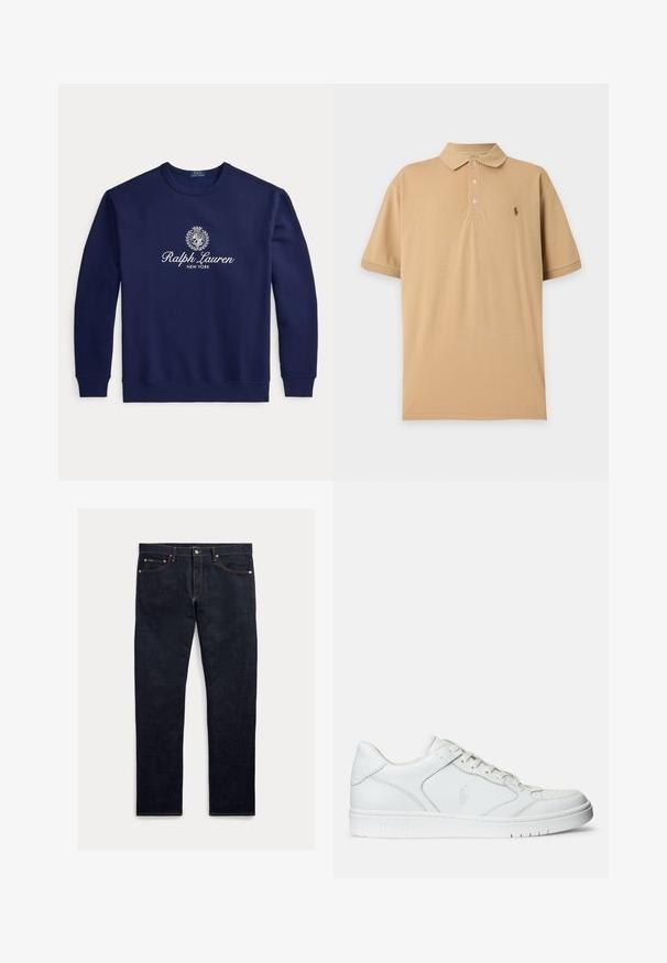 Sudadera azul marino con cuello redondo, texto blanco "Ralph Lauren New York" y logo con escudo centrado en el pecho, mangas largas, puños y bajo acanalados.; Polo beige de manga corta con tres botones y pequeño logo bordado en el pecho izquierdo sobre un fondo liso.; Jeans de mezclilla oscura con corte recto, cinco bolsillos, costuras naranjas y cierre de botones. La tela tiene una textura suave.; Zapatilla de cuero blanca con textura suave, que presenta una puntera perforada, cierre de cordones y logo bordado en el lateral. Suela de goma blanca.