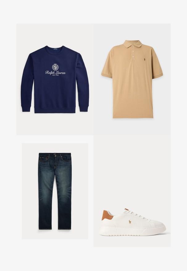 Marineblaues Sweatshirt mit Rundhalsausschnitt, weißem "Ralph Lauren New York"-Text und Wappenlogo mittig auf der Brust, lange Ärmel, gerippte Bündchen und Saum.; Beiges Poloshirt mit kurzen Ärmeln, drei Knöpfen und kleinem besticktem Logo auf der linken Brust vor einfachem Hintergrund.; Dunkelblaue Jeans aus Denim mit geradem Bein, dezentem Ausbleichen in Kniehöhe und orangen Ziernähten an Taschen und Nähten.; Weißer Sneaker mit niedrigem Schaft, beige Fersenlasche, weißen Schnürsenkeln und kleinem, besticktem Polospieler-Logo an der Seite über einer dicken Sohle.
