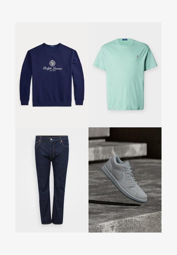 Marineblaues Sweatshirt mit Rundhalsausschnitt, weißem "Ralph Lauren New York"-Text und Wappenlogo mittig auf der Brust, lange Ärmel, gerippte Bündchen und Saum.; Hellgrünes Poloshirt von Polo Ralph Lauren mit Rundhalsausschnitt, kurzen Ärmeln und kleinem, gesticktem Pferdelogo auf der linken Brust.; Dunkelblaue Denim-Jeans mit geradem Bein, sichtbar abgenäht in kontrastierendem Gelb, fünf Taschen und einem vorderen Knopfverschluss.; Hellgrauer Nike-Sneaker schwebt über groben Betontreppen, mit Schatten, die seine Konturen und Textur hervorheben.