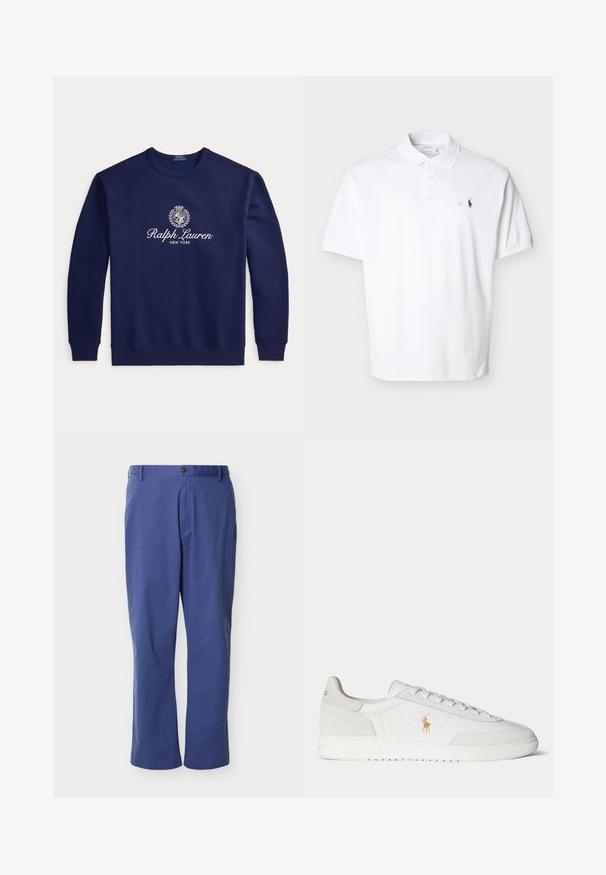 Σκούρο μπλε φούτερ με λευκό κείμενο "Ralph Lauren New York" και λογότυπο με οικόσημο στο κέντρο του στήθους, μακριά μανίκια, ριμπ μανσέτες και τελείωμα.; Λευκό κοντομάνικο πόλο μπλουζάκι με γιακά, τρία κουμπιά και μικρό σκούρο μπλε κεντητό λογότυπο στο αριστερό στήθος.; Μπλε παντελόνι ίσιας γραμμής με θηλιές για ζώνη, εμπρόσθιο κουμπί και φερμουάρ, εμφανιζόμενο πάνω σε απλό ανοιχτό γκρι φόντο.; Άσπρο χαμηλό sneaker με σχεδιασμό κορδονιών, χρυσό λογότυπο Polo Ralph Lauren στο πλάι και υφασμένο πέλμα σε μονόχρωμο φόντο.