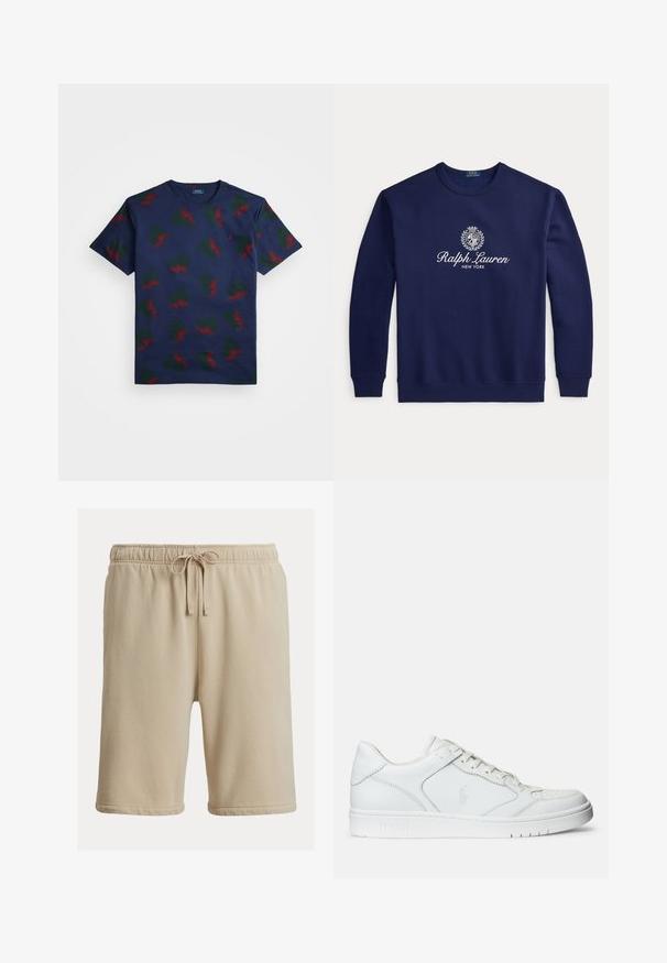 Tumesinine crewneck-huppar, millel on valge "Ralph Lauren New York" tekst ja rinnal keskel vapp-logo, pika varruga, soonikkoes varrukaotstega ja alaosaga.; Tumesinine puuvillane t-särk, millel on korduv mustri punaste ja roheliste tiibadega kujundid. Omab ümarat kaela ja lühikesi varrukaid.; Beežid puuvillased lühikesed püksid elastse vöökoha ja nööriga, mis on sileda tekstuuriga ja ülesrullitud äärega. Vabaaja ja mugav disain.; Valged nahast spordijalatsid siledast materjalist, millel on ventilatsiooniga varvas, paelad ja kõrvale brodeeritud logo. Valge kummitald.