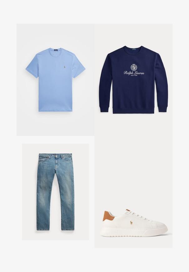 Marineblaues Sweatshirt mit Rundhalsausschnitt, weißem "Ralph Lauren New York"-Text und Wappenlogo mittig auf der Brust, lange Ärmel, gerippte Bündchen und Saum.; Hellblaues T-Shirt mit kurzen Ärmeln aus einem Baumwollmischgewebe. Es hat einen Rundhalsausschnitt und ein kleines gesticktes Logo auf der linken Brust.; Hellblaue Jeans aus Denim mit geradem Schnitt, Knopfverschluss, fünf Taschen, dezenten Verblassungen und kontrastierenden Nähten.; Weißer Sneaker mit niedrigem Schaft, beige Fersenlasche, weißen Schnürsenkeln und kleinem, besticktem Polospieler-Logo an der Seite über einer dicken Sohle.
