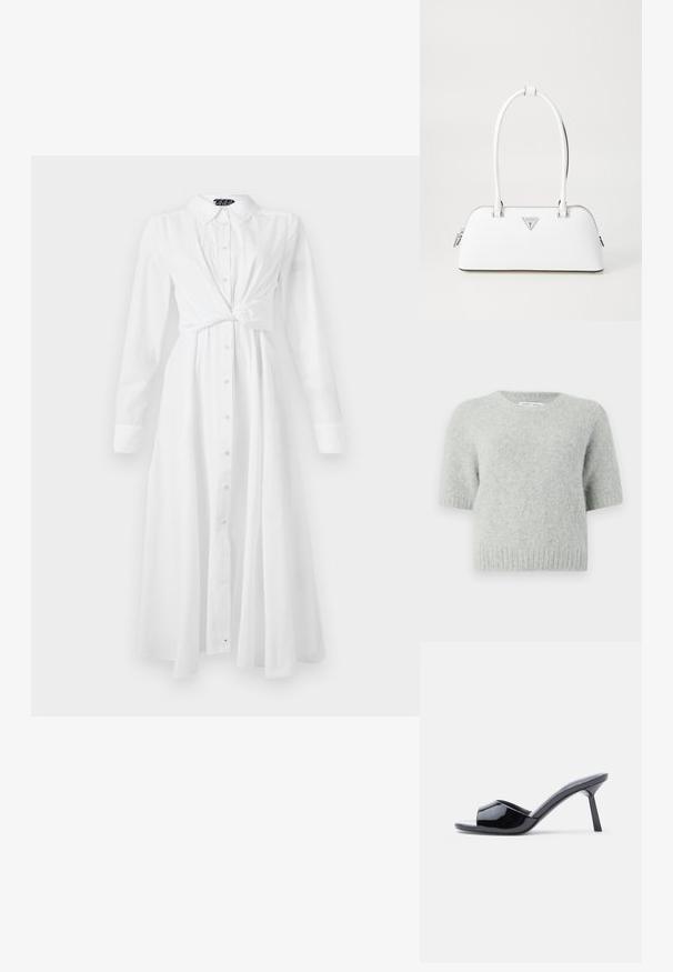 Hellgrau, kurzärmliger Pullover aus weichem, samtigem Material mit rundem Halsausschnitt und geripptem Saum. Minimalistisches Design ohne Muster oder Akzente.; Weißes Langarmhemdkleid mit Kragen, Knopfleiste und geknotetem Taillendesign; hat einen fließenden, geraden Schnitt und eine weiche Textur.; Schwarze Sandalen mit Absatz aus Lackleder, offenem Zehenbereich, mit geschwungenem Obermaterial und spitz zulaufendem Stilettoabsatz. Glatte, glänzende Oberfläche.; Weiße Lederhandtasche mit geschwungener Form, versehen mit einem silbernen dreieckigen Logo und einem Reißverschluss. Glatte Textur und zwei Griffe.