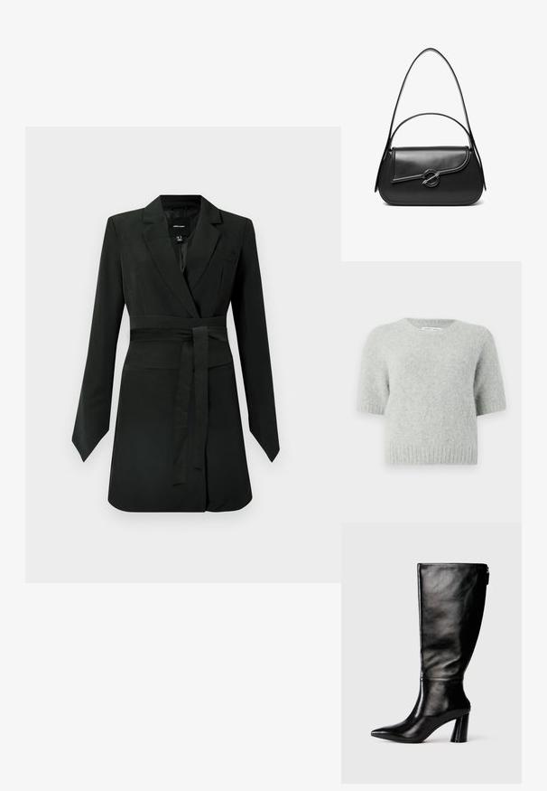 Hellgrau, kurzärmliger Pullover aus weichem, samtigem Material mit rundem Halsausschnitt und geripptem Saum. Minimalistisches Design ohne Muster oder Akzente.; Schwarzes Blazerkleid mit langen Ärmeln, tailliertem Schnitt und Bindegürtel. Verfügt über einen Reverskragen und glatten, strukturierten Stoff.; Knöchelhohe schwarze Lederstiefel mit einer spitzen Zehe, glatter Oberfläche und einem klobigen Absatz. Verfügt über einen Reißverschluss hinten.; Schwarze Lederschultertasche mit einer geschwungenen Klappe, die durch einen runden Metallverschluss gesichert ist, und einem schlanken, verstellbaren Riemen.