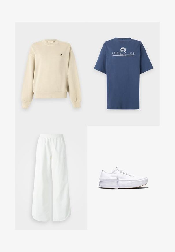 Beige langærmet sweatshirt med rund hals og ribkanter ved ærmer og kant, med et lille Carhartt-logo på venstre bryst.; Marineblå kortærmet T-shirt med hvid "NIKE CLUB SINCE 1972" tekst og emblem centreret på brystet.; Hvide athletic bukser med vidde, ribbet talje og subtile logo detaljer. Glat stof med en afslappet pasform og tapered hals.; Hvid lavt snørestøvle med tyk plateau-sål, snørelukning foran og gummiforstærket tåkap, set i sideprofil.