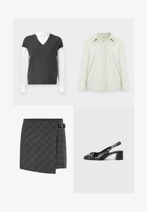 Mørkegrå strikket sweater med V-hals-design, der har korteærmer over en hvid kravebluse. Teksturen er ribbet med et lagdelt look.; Lysegrøn skjorte med knapper og tynde, lodrette mørkeblå striber, lange ærmer og en spids krave, lagt fladt på en neutral baggrund.; Mørkegrå ternet uld wrap nederdel med sort spænde detalje på højre side, lige kant og subtil diagonalt mønster.; Sorte læder slingback hæl med spids tå, tekstureret rem med cirkulære metalliske accenter, og en stablet blokhæl.