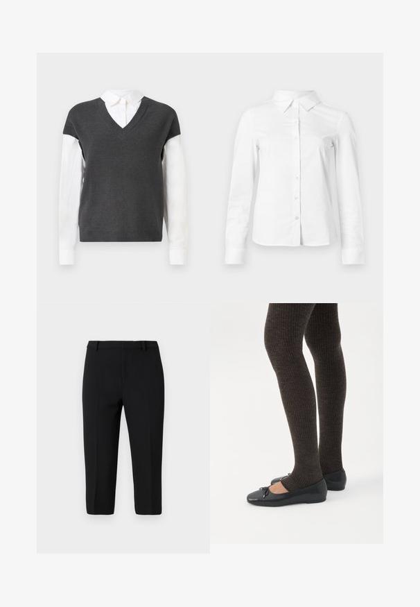 Donkergrijs gebreide trui met een V-hals ontwerp, met korte mouwen over een witte collshirt. De textuur is geribbeld, met een gelaagd uiterlijk.; Witte blouse met lange mouwen en knopen, met puntige kraag, rechte zoom en aansluitende silhouet, weergegeven op een effen lichte achtergrond.; Zwarte op maat gemaakte broeken van lichtgewicht materiaal, met een gladde textuur, rechte snit en voorplooien voor een verzorgde uitstraling.; Benen met donkere geribbelde leggings gecombineerd met zwarte ballerina's met kleine strikdetails op een witte achtergrond.