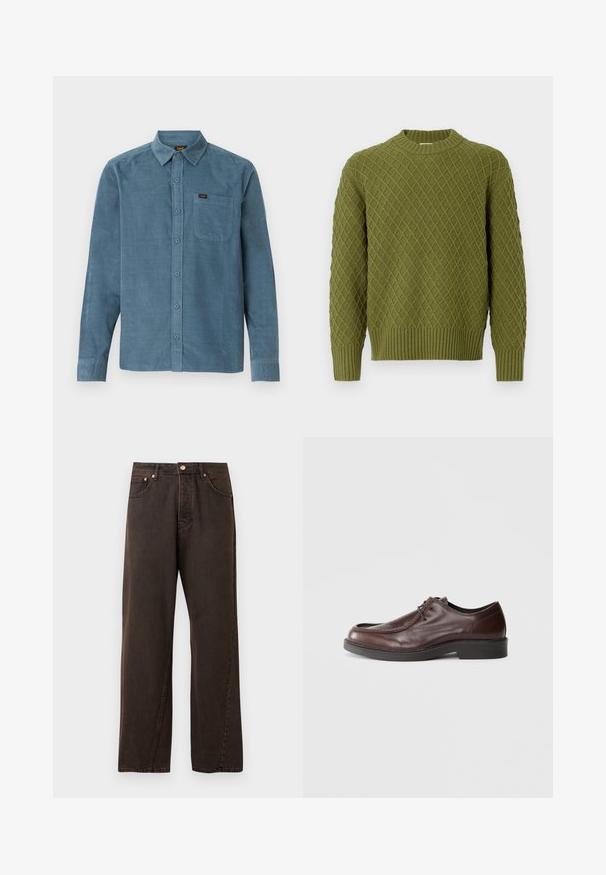 Groene gebreide trui met een ruitpatroon, voorzien van een ronde hals en geribbelde zoom en manchetten. Gemaakt van textuurstof, biedt het warmte.; Langarmshirt van blauwe corduroy, met een button-down kraag, een frontzak en subtiele branding op de zak.; Donkerbruine denim jeans met een rechte pijpdesign, uitgerust met vijf zakken, een koperen knoop en subtiele stiksels.; Bruine leren nette schoen met een ronde neus, minimale stiksels en een stevige zwarte zool. Voorzien van vetersluiting en een gladde textuur.