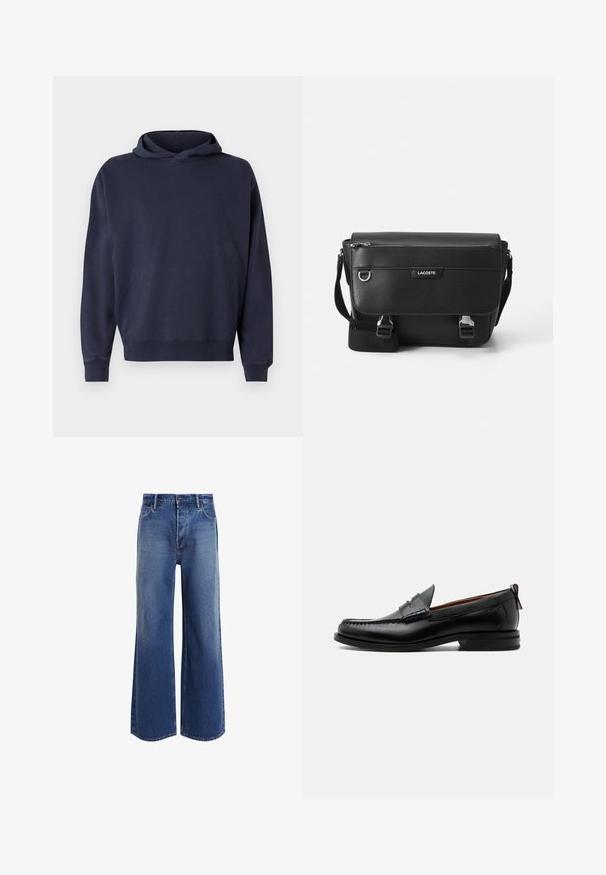 Libertine-Libertine STATE - Hættetrøje - washed navy; Højtsiddende wide-leg jeans i mellemblå denim, med et klassisk fem-lomme design, let falmning og frynsede kantdetaljer.; Sort læder herre loafer med moc-tå syning, penny strop, struktureret krave og lav stablet hæl på hvid baggrund.; Sort tekstureret Lacoste messengertaske med justerbar rem, frontklap, lynlås lomme og metalspænder.