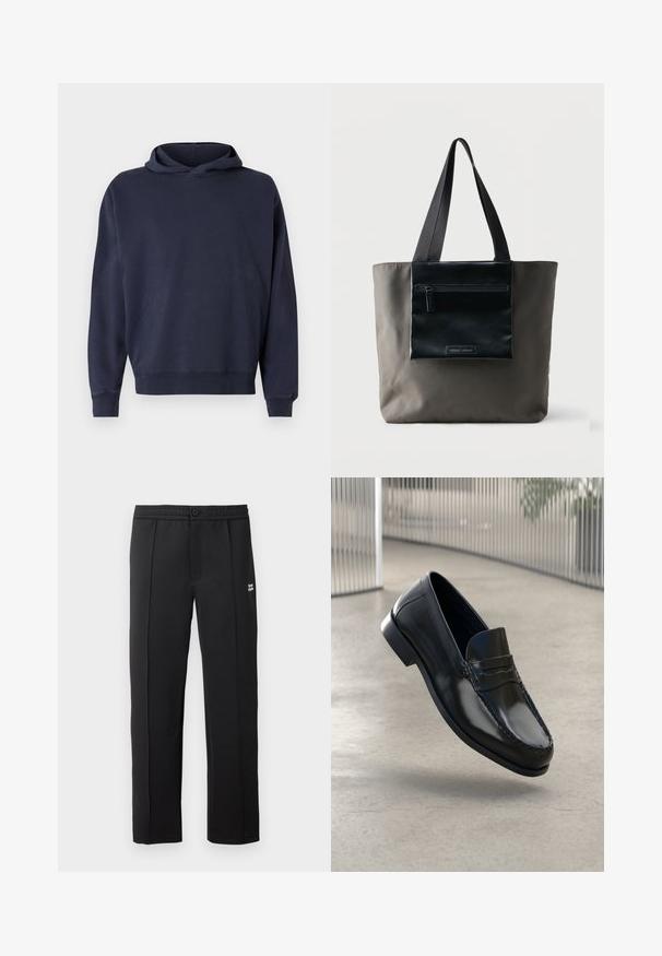 Libertine-Libertine STATE - Φούτερ με κουκούλα - washed navy; Μαύρο παντελόνι από λείο ύφασμα, με κλείσιμο κουμπιού, πλαϊνές τσέπες και ένα μικρό λογότυπο στο εμπρός μέρος. Σχέδιο ευθείας γραμμής.; Μαύρα δερμάτινα μοκασίνια με λεία υφή, στρογγυλεμένη μύτη, διακοσμητική ραφή και ελαφρώς ανυψωμένη εξωτερική σόλα.; Γκρι τσάντα tote με μαύρη μπροστινή τσέπη με φερμουάρ και μαύρα λουριά ώμου σε απλό φόντο.