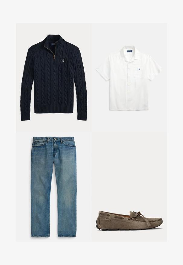 Navyblå kabelstrikket sweater med kvart lynlås krave og hvid Polo Ralph Lauren logo broderet på venstre bryst.; Hvid kortærmet skjorte lavet af bomuld, med en fløjskrage, knapper foran og en lille blå logo på brystlommen.; Lyseblå denimjeans med lige ben, der har fem lommer, lukning med knap og diskret falmet effekt for tekstur.; Lysebrun ruskindsslipper med snøre- og duskedetalje, syet moc-tå og gummiydersål, sidevisning.