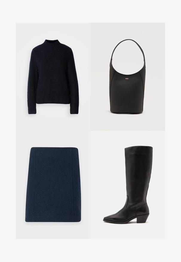 Pull en tricot bleu marine avec un col montant, des manches longues et un ourlet côtelé. Texture douce, coupe décontractée, sans motifs visibles ni détails en métal.; Jupe mini en laine bleu marine avec une coupe droite, des coutures plates et une texture lisse. Sans motifs ni ornements visibles.; Botte en cuir noire mi-mollet avec un bout pointu et un talon bas incliné sur un fond clair uni.; Sac seau en cuir noir avec une seule bandoulière et un petit logo BOSS doré centré près du haut à l'avant.