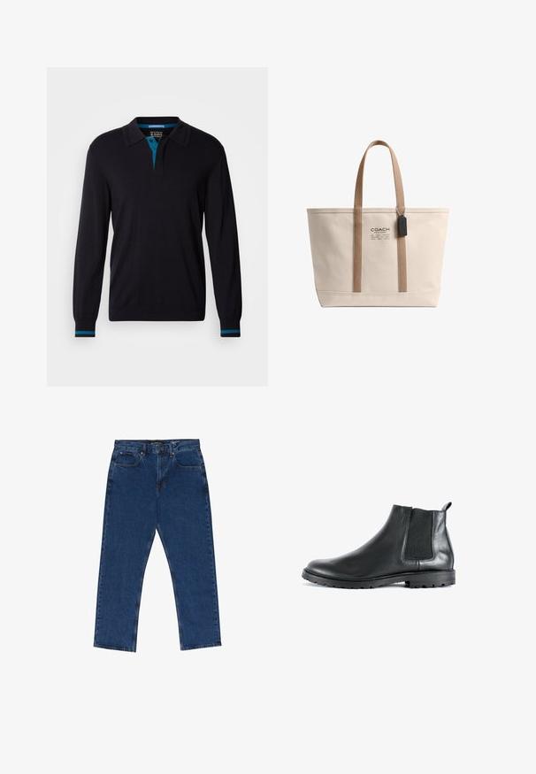 Scotch & Soda LONG SLEEVE POLO - Striktrøje - anthracite; Blå denim jeans med lige ben-design, der har en knaplukning, bæltestropper og fire lommer. Stoffet har en let tekstur og falmning.; Sorte læder ankelstøvler med en elastisk sidepanel, rund tå og en struktureret gummisål. Har en træktab bagpå.; Beige lærredstaske med brune håndtag, sort Coach-mærke og Coach New York-logo foran i midten.
