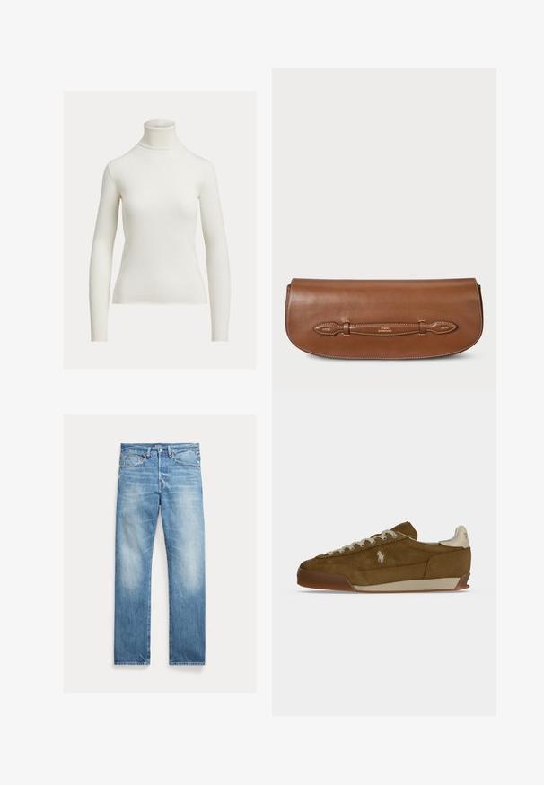 Trui met lange mouwen, off-white geribde coltrui met een aansluitende silhouet op een effen achtergrond.; Lichtblauwe straight-leg spijkerbroek met lichte vervaging, vijfzakkenontwerp en een zichtbaar Polo merklabel op de tailleband.; Bruine suède sneaker met crèmekleurige veters, dikke zool en een klein wit geborduurd logo aan de zijkant.; Bruine leren clutch met een gladde textuur, gestroomlijnde vorm en een gestikte accent langs de sluiting met een decoratieve riem.