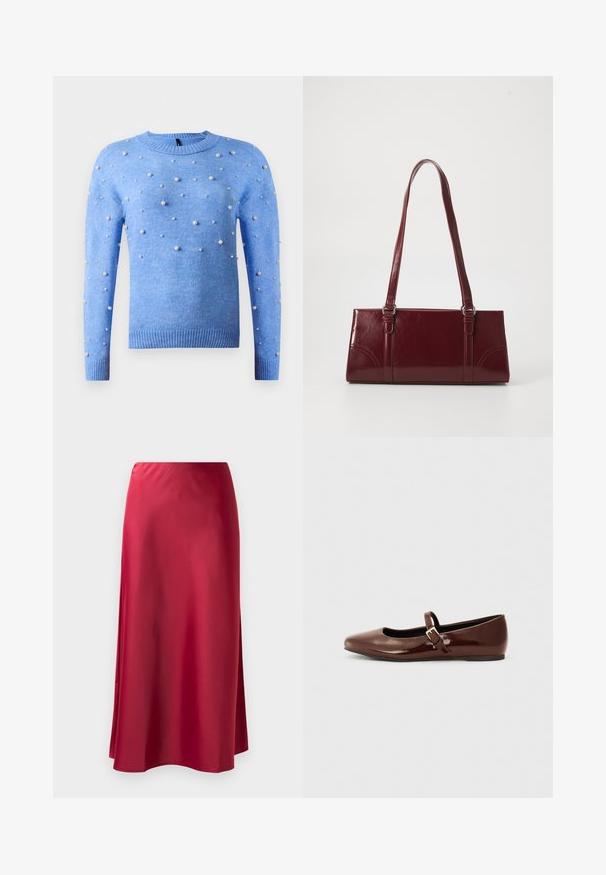 Lys blå strikket sweater med lange ærmer, rund hals og spredte små og mellemstore hvide perle-forgyllelser på fronten og ærmerne.; Rød satin lang nederdel med en glat tekstur, let udvidet form og sideslids for nem bevægelse. Ingen synlige metaldele eller pynt.; Brun patentlæder balletflade med firkantet tå og strop med en lille guldbuckle. Glat tekstur, lav hæl og minimalistisk design.; Bordeaux håndtaske lavet af glansfuldt materiale, rektangulær form, med to skulderremme og subtile buede detaljer på forsiden.