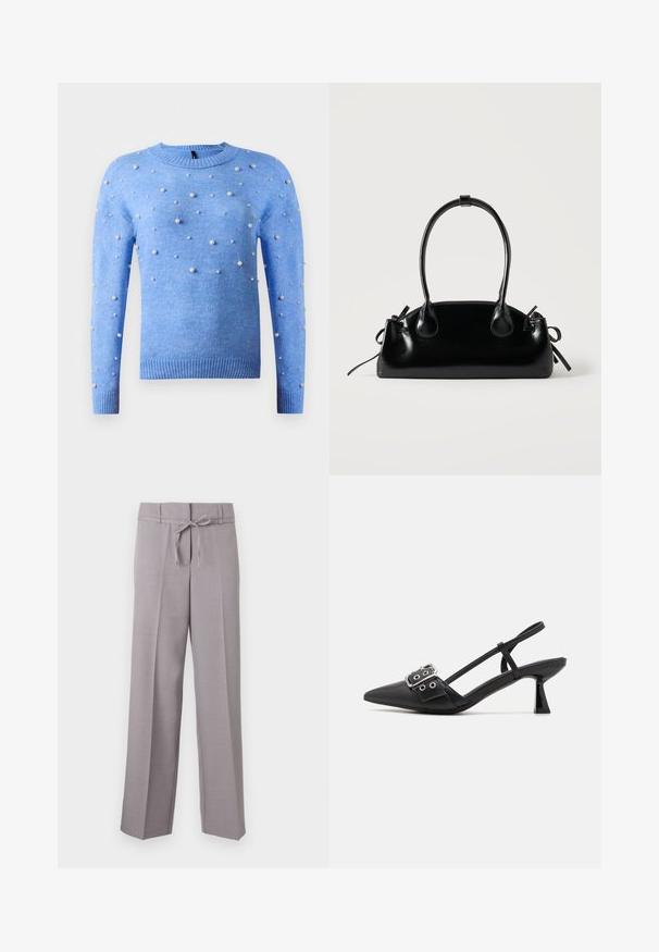 Pull en tricot bleu clair avec des manches longues, un col rond, et des embellissements en perles blanches petites et moyennes dispersées sur le devant et les manches.; Pantalons larges gris clair en tissu doux, avec une taille à cordon et des plis marqués pour un ajustement structuré.; Simmi London DALA - Escarpins - black; Petit sac à main noir brillant avec deux longues anses et des détails à cordon sur les côtés sur un fond clair uni.
