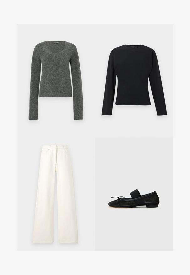 Grå, langærmet sweater lavet af blødt, struktureret stof med en bred, rund halsudskæring og en tætsiddende silhuet.; Sort tætsiddende bluse med lange ærmer og rund halsudskæring med simpelt design vist mod en lys grå baggrund.; Bredde ben, cremefarvede bukser lavet af denim med synlige sting og lommer. Designet har en høj talje og en lige skåret silhuet.; Sort flad sko med spids tå, lavet af tekstureret stof, med en sløjfeaccent og en lille, rund hæl. Elastisk rem ved anklen.