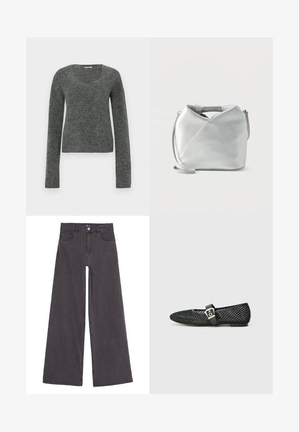 Grå, langærmet sweater lavet af blødt, struktureret stof med en bred, rund halsudskæring og en tætsiddende silhuet.; Bredde ben sorte denim jeans lavet af bomuldsstof. Har fem lommer, en knaplukning foran og lige søm. Glat tekstur.; Sorte balletflade sko i mesh med spids tå, flad hæl og spænde over anklen; tekstureret overflade med et vævet mønster.; Sølv metalisk læderhåndtaske med bøjlehåndtag og lang aftagelig skulderrem på ensfarvet hvid baggrund.