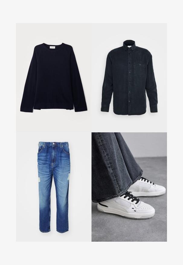 OFFICINE GENERALE NATE CNECK - Jersey de punto - black; Camisa de botón de manga larga en azul oscuro, hecha de algodón suave, con un bolsillo en el pecho y un diseño de cuello clásico.; Vaqueros de mezclilla azul con un lavado desgastado, con una zona de rodilla desgastada, cinco bolsillos y un diseño de pierna recta.; Zapatillas blancas con cordones negros y detalles de malla. Presenta un upper de cuero liso y una suela de goma texturizada. Combinadas con unos vaqueros de pierna ancha en gris.