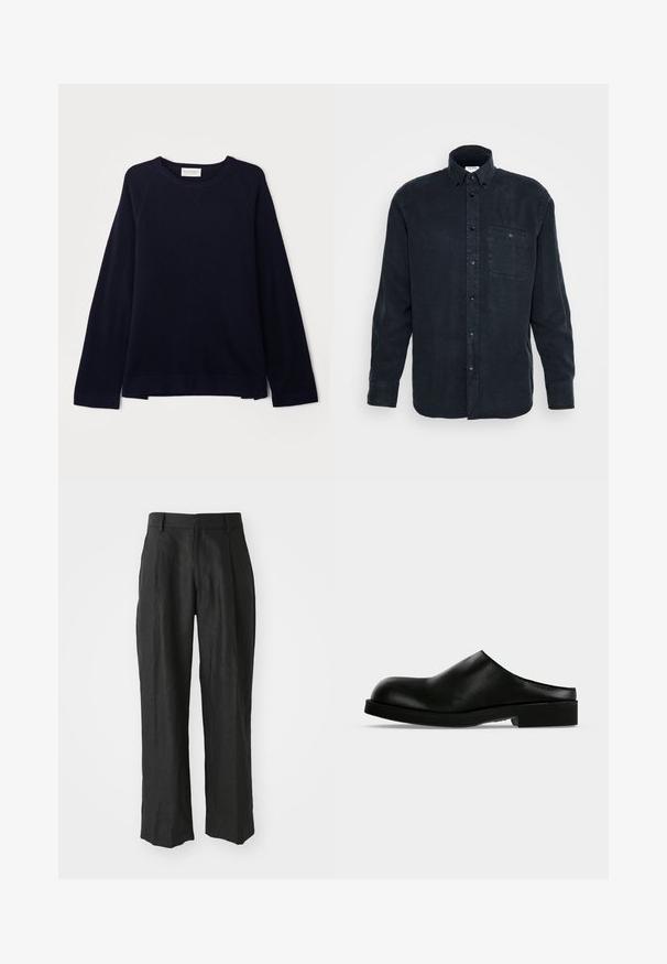 OFFICINE GENERALE NATE CNECK - Pullover - black; Chemise boutonnée à manches longues bleu marine, fabriquée en coton doux, avec une poche poitrine unique et un col classique.; Pantalons en lin noir avec une coupe droite, ornés de plis distinctifs à l'avant et d'une finition lisse et texturée.; Mule en cuir noir à enfiler avec bout arrondi et petit talon carré sur un fond clair uni.