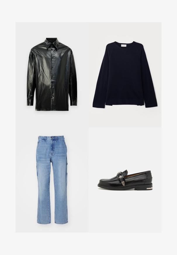 OFFICINE GENERALE NATE CNECK - Strickpullover - black; Schwarzes Hemd mit Knopfleiste und langen Ärmeln, aus glänzendem, glattem Material. Verfügt über einen klassischen Kragen und sichtbare Knopfleiste.; Hellblau Jeans-Cargo-Hose mit geradem Beinansatz, ausgestattet mit Seitentaschen und einem Knopfverschluss. Weiche Textur und ausgewaschener Look.; Schwarze Lederloafers mit silberner dekorativer Hardware, einem Mokassin-Style-Obermaterial, detaillierter Stickerei und einem gestapelten Absatz.