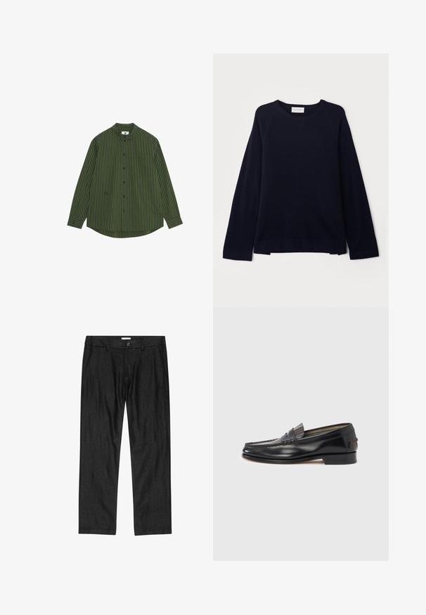 OFFICINE GENERALE NATE CNECK - Pullover - black; Chemise à manches longues à rayures verticales vert foncé et marine, dotée d'un col avec boutons, d'une poche sur la poitrine gauche et d'un ourlet arrondi.; Pantalon droit pour homme noir avec bouton à l'avant, braguette à glissière et poches latérales, présenté à plat sur fond blanc.; Mocassins en cuir noir avec un design de style mocassin, présentant une bande décorative et un détail de couture sur le dessus. Talon bloc bas.